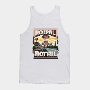 A graphic that captures the vintage vibe of a classic road trip, complete with iconic roadside attractions and retro typography. Tank Top